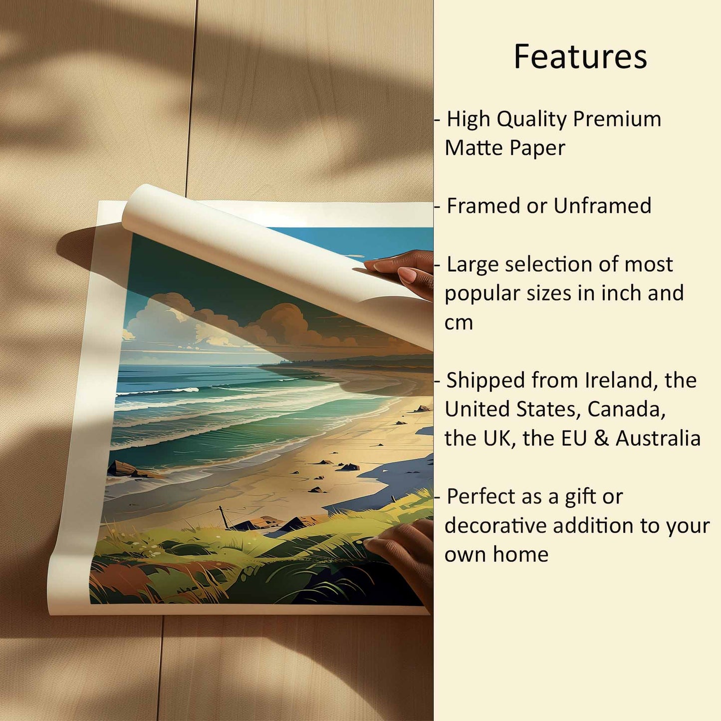 Dog's Bay Beach Print Features