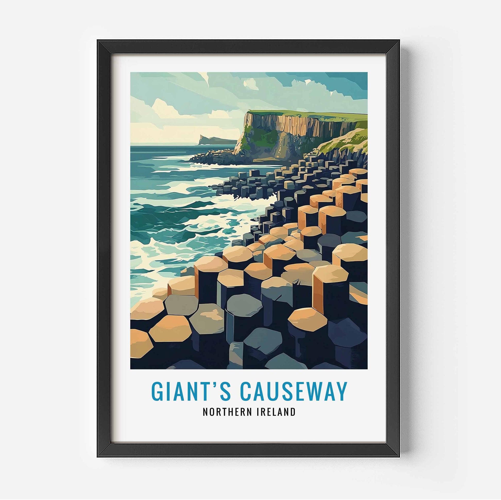 Framed poster of Giant's Causeway with ocean and cliffs.