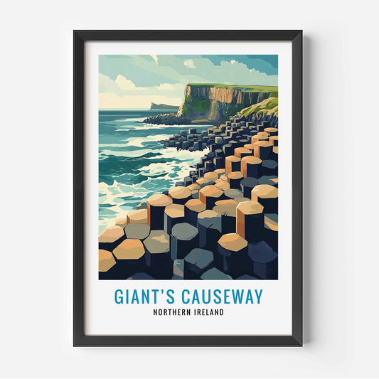 Framed poster of Giant's Causeway with ocean and cliffs.